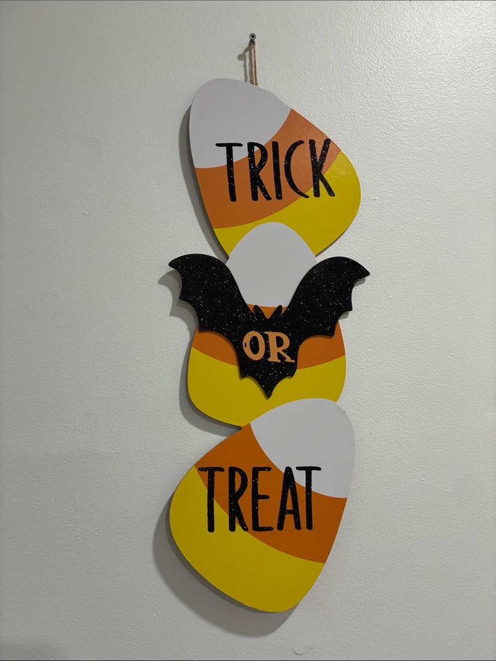 NWT 25”-Trick or Treat- Candy Corn & Bat- Glittered Wooden Halloween Decor Sign